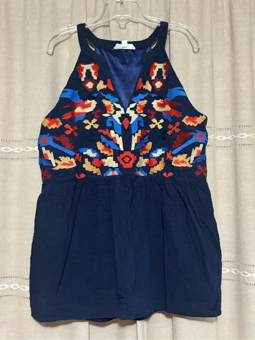 THML Navy Blue Embroidered Halter Sleeveless Top Size M
